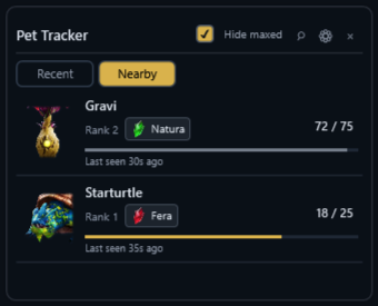 The Nearby overlay shows Gravi at 72 of 75 souls and Starturtle at 18 of 25, with rank, family crystals and progress bars.