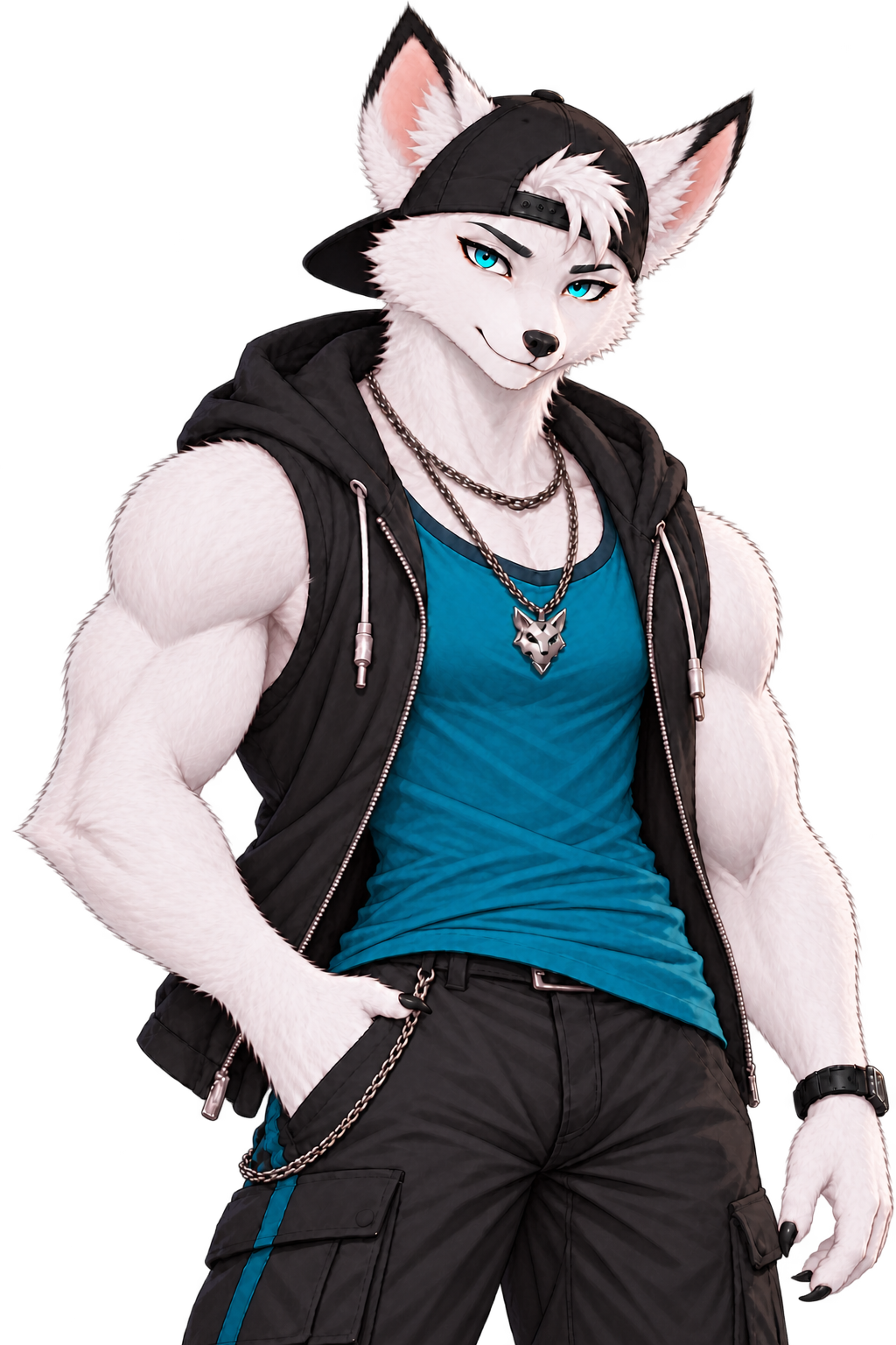 Zero, a white fox in a black hoodie and teal shirt.